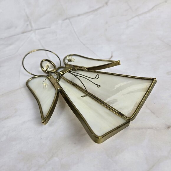 Vintage Stained Glass Angel White With Gold Holding Three Flowers Slag Glass - Picture 9 of 10